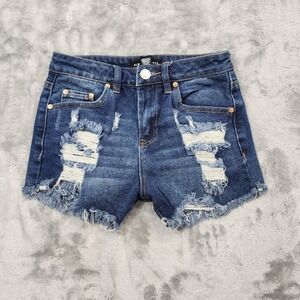 Almost Famous Shorts Womens 0 Blue Distressed Denim Jean Cutoff Frayed Hem